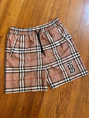 Men’s Beige Nova Check Swim Shorts with TB Monogram